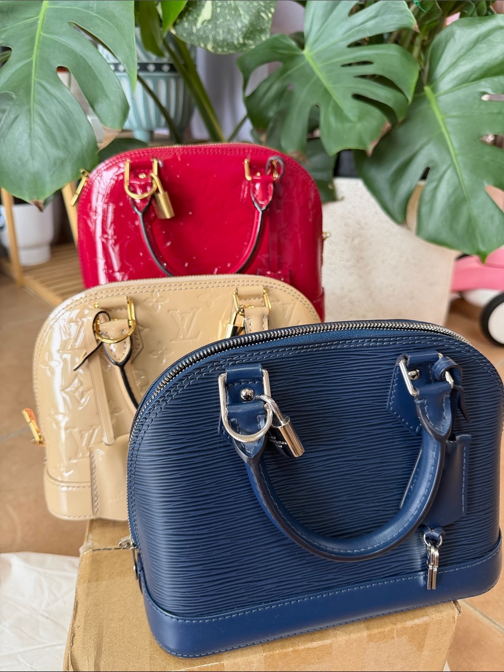 Louis Vuitton Trio of Mini Alma Satchels in Navy, Red and Beige